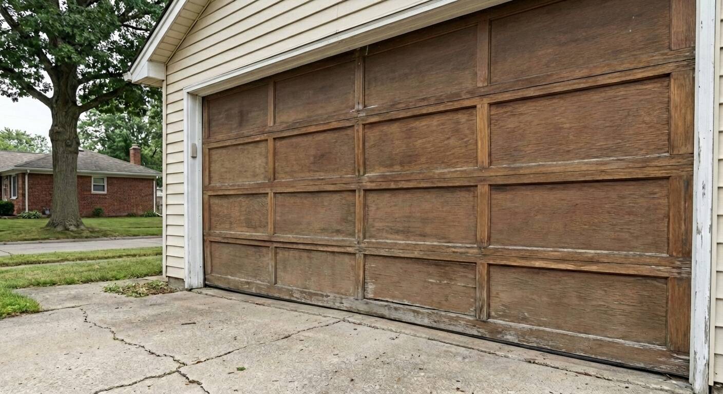 Garage door sagging due to improper installation and wear over time