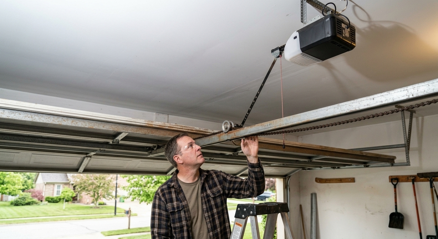 Garage door technician fixing grinding noise in Clinton Township